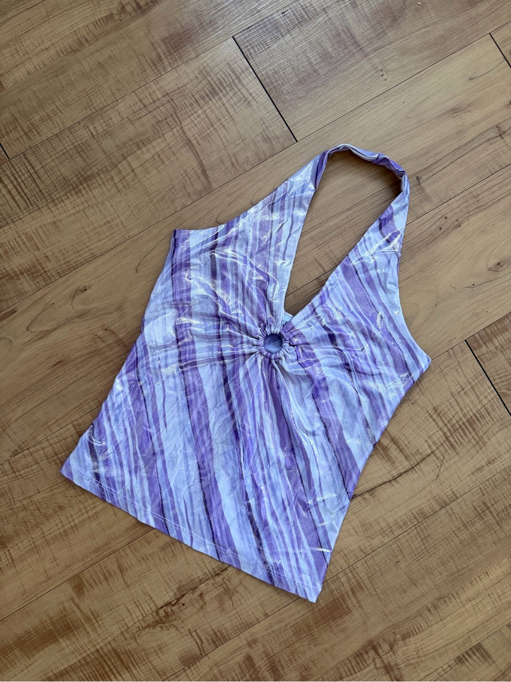 Vintage Stretch Metallic Purple Striped Halter Tank Top
